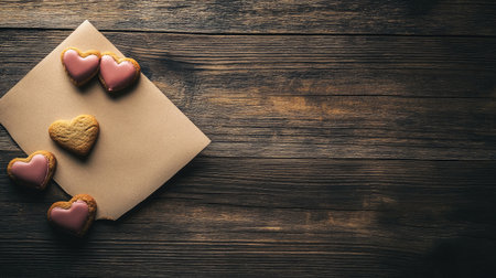 Flat lay of heart-shaped cookies and a love note on a rustic wooden table, ample space for Valentine textの素材