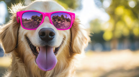 A joyful golden retriever dog with pink sunglasses smiles brightly in a sunny park, capturing the essence of fun and happiness during a beautiful day outdoors.の素材