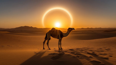 Camel shadow stretching across the sand at sunrise, framed by the warm, encircling glow of a brilliant sun haloの素材