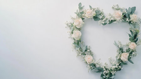 Romantic floral arrangement in a heart shape on a white background with copy spaceの素材