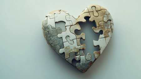 A heart-shaped arrangement of unique puzzle pieces, showcasing a blend of textures and colors that symbolize love, connection, and the beauty of relationships in a minimalist style.の素材