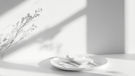 Minimalist white table setting with heart-shaped napkins and cutlery, leaving room for textの素材