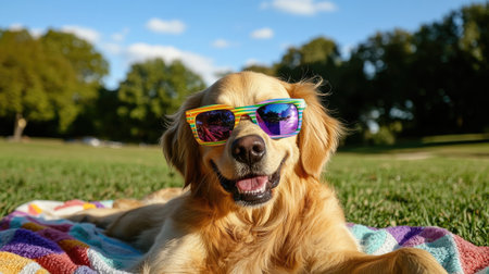 A joyful golden retriever donning vibrant sunglasses lounges on a colorful blanket in a sunlit park, radiating happiness and warmth in a beautiful outdoor setting.の素材