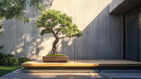 Front corner of a house in modern style, featuring a bonsai tree on a wooden platform, with clean concrete walls and soft lightingの素材