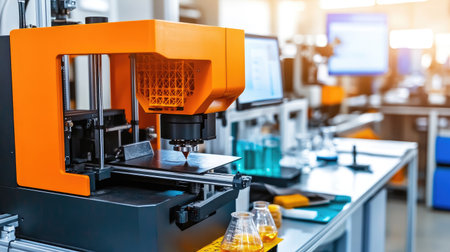 High-tech lab featuring a 3D printer, beakers with colorful liquids, and a digital display in the background.の素材