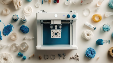 High-tech lab with a 3D printer at the center, digital control panel, and beakers filled with various chemicals.の素材