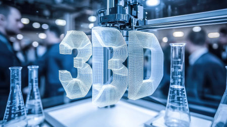A high-tech laboratory showcasing a 3D printer at work, surrounded by beakers, test tubes, and a digital display.の素材