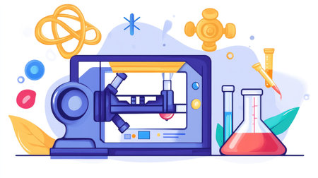 Cutting-edge lab featuring a 3D printer at work, digital control screen, and test tubes filled with chemicals.の素材