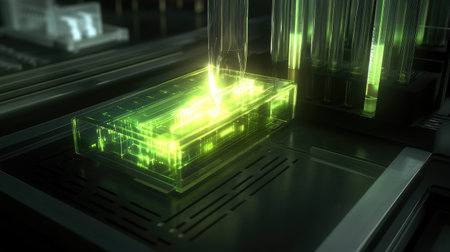 Innovative lab setup with a 3D printer creating prototypes, digital display glowing, and test tubes nearby. No logos.の素材