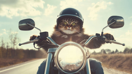 A playful cat in a motorcycle helmet confidently rides a motorcycle down an open road, capturing the essence of adventure and freedom in a vibrant, sunny landscape.の素材