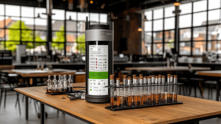 High-tech lab with a 3D printer, surrounded by advanced beakers and test tubes, and a digital display panel.の素材