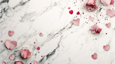 White marble texture with scattered small hearts and delicate pink rose petals, leaving room for textの素材