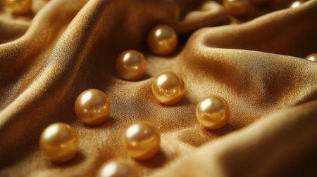 A captivating arrangement of gleaming golden pearls scattered on luxurious satin fabric, exuding elegance and opulence, ideal for fashion or jewelry-themed visuals.の素材