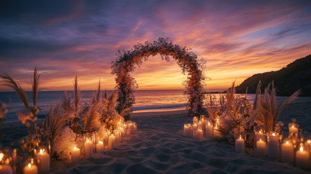 Romantic beach wedding arch surrounded by floral arrangements and candles, glowing in the warm hues of sunset. No people.の素材