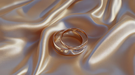 A pair of wedding rings placed on a creamy satin surface, glowing softly with romantic lighting.の素材