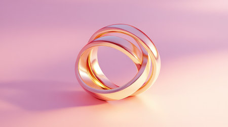 Romantic wedding rings intertwined on a pastel pink background, softly lit for a warm feel.の素材