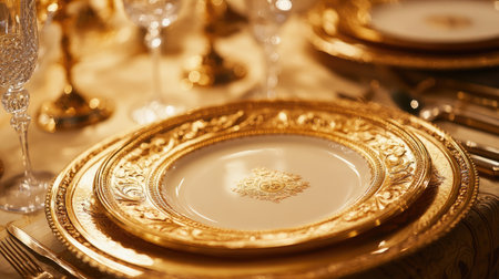 Captured in a luxurious dining atmosphere, this image showcases an elegant table setting with golden accents and fine china, perfect for celebrations and special occasions.の素材