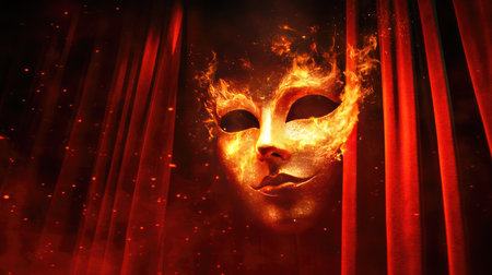 A stunning golden mask emerges from flames, set against dramatic red drapes, creating an atmosphere of mystery and theatrical elegance for artistic interpretations.の素材