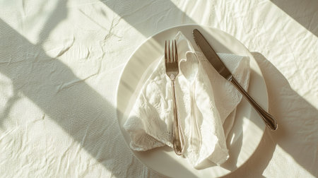 Minimalist white table setting with heart-shaped napkins and cutlery, leaving room for textの素材