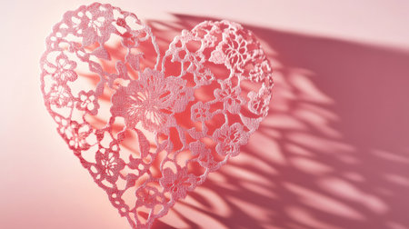 A lace heart cutout casting intricate shadows on a soft pink background.の素材