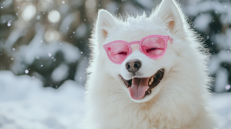 A cheerful fluffy dog in pink sunglasses enjoys a snowy day, bringing a playful atmosphere to winter landscapes with its joyful expression and stylish look.の素材
