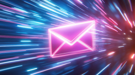 A vibrant neon email symbol emits light trails, showcasing speed and energy, representing modern communication technology in a dynamic digital environment.の素材