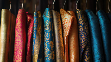 Beautiful multicolored dhotis with intricate gold patterns, draped on hangers, minimalist background enhancing the elegance.の素材