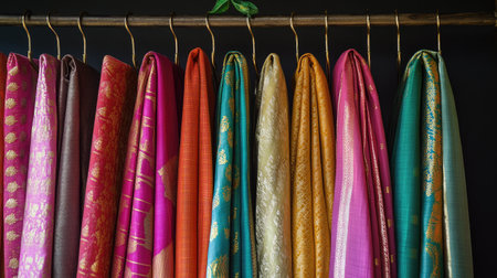 Beautiful array of colorful dhotis, hanging gracefully on sleek hangers, simple background highlighting their elegance.の素材