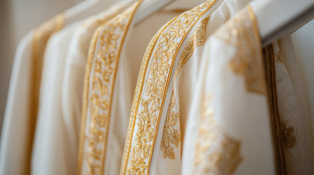 Close-up of a luxurious dhoti with golden detailing, placed neatly on a white hanger with a minimalist background for an upscale look.の素材