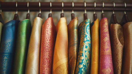 Beautiful array of colorful dhotis, hanging gracefully on sleek hangers, simple background highlighting their elegance.の素材