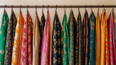 Array of colorful dhotis with intricate designs, elegantly hung on hangers, simple, neutral background for a refined look.の素材