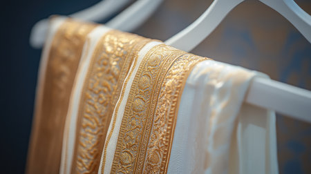 Beautifully crafted gold-patterned dhoti, gracefully displayed on a sleek white hanger, simple, neutral background for a refined presentation.の素材