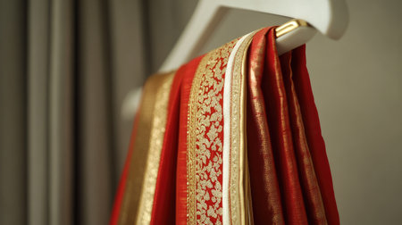 Beautifully crafted dhoti with gold detailing, elegantly placed on a sleek white hanger, simple background highlighting its richness.の素材