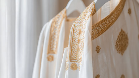 Elegant dhoti with golden motifs, artfully displayed on a white hanger, photographed with a soft, clean background.の素材