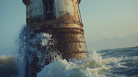 Close-up of a lighthouse standing in the sea, waves gently crashing against its weathered exterior. No people.の素材