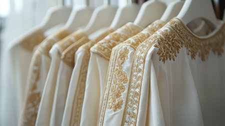Beautifully crafted dhoti with intricate gold embroidery, displayed on a white hanger, minimalist backdrop enhancing the luxury.の素材