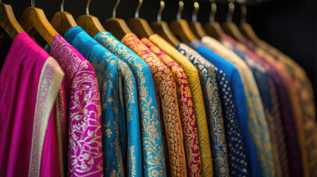 Luxurious dhotis in assorted colors, displayed elegantly on hangers, soft background accentuating their rich patterns.の素材