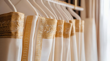 Beautifully crafted dhoti with gold detailing, elegantly placed on a sleek white hanger, simple background highlighting its richness.の素材