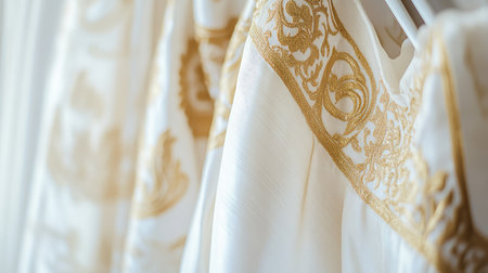 Close-up of a luxurious dhoti with golden detailing, placed neatly on a white hanger with a minimalist background for an upscale look.の素材