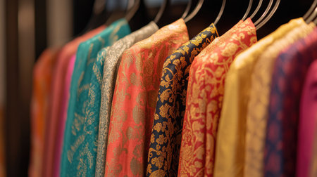 Elegant array of multicolored dhotis, hanging on sleek hangers, soft background accentuating their rich fabric and patterns.の素材