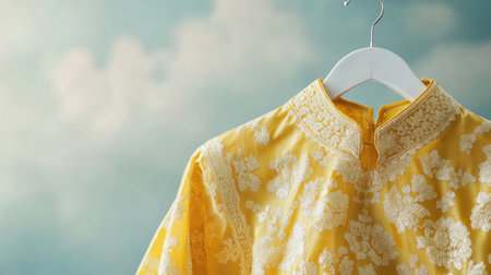 Delicate gold-embroidered dhoti, hanging gracefully on a sleek white hanger, minimalistic background with a soft tone.の素材