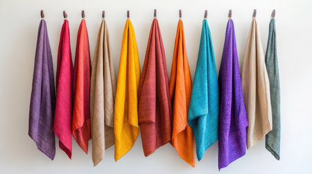 Dhotis in bold and soft colors, elegantly displayed on hangers, against a clean, minimalist background for a refined look.の素材