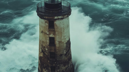 Close-up of a lighthouse standing in the sea, waves gently crashing against its weathered exterior. No people.の素材
