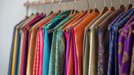 Elegant array of colorful dhotis, displayed on hangers, against a clean background that accentuates the richness of the garments.の素材