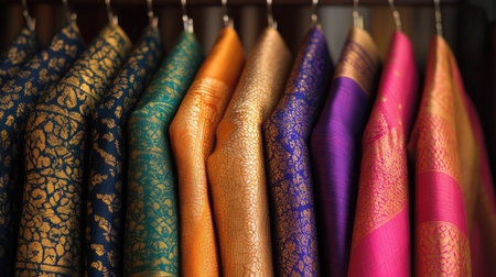 Colorful dhotis with golden patterns hanging neatly on hangers, minimal background highlighting the luxurious fabricas richness.の素材