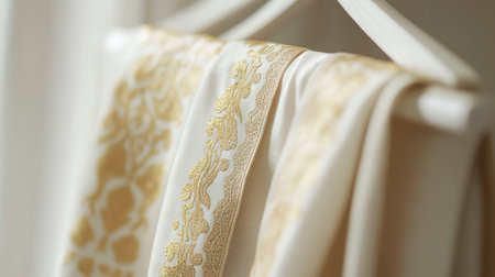 Elegant dhoti with gold designs, artfully suspended on a sleek white hanger, soft background for a refined look.の素材