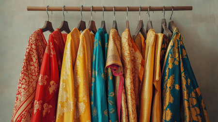 Colorful dhotis with rich golden patterns, draped on hangers, minimalist background to showcase their opulent feel.の素材