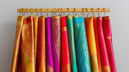 Colorful dhotis with intricate golden details, draped on hangers, photographed with a simple, clean background.の素材