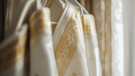 Close-up of a luxurious dhoti with golden detailing, placed neatly on a white hanger with a minimalist background for an upscale look.の素材