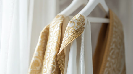 Luxurious dhoti adorned with intricate gold patterns, hanging neatly on a sleek white hanger, soft, clean background.の素材